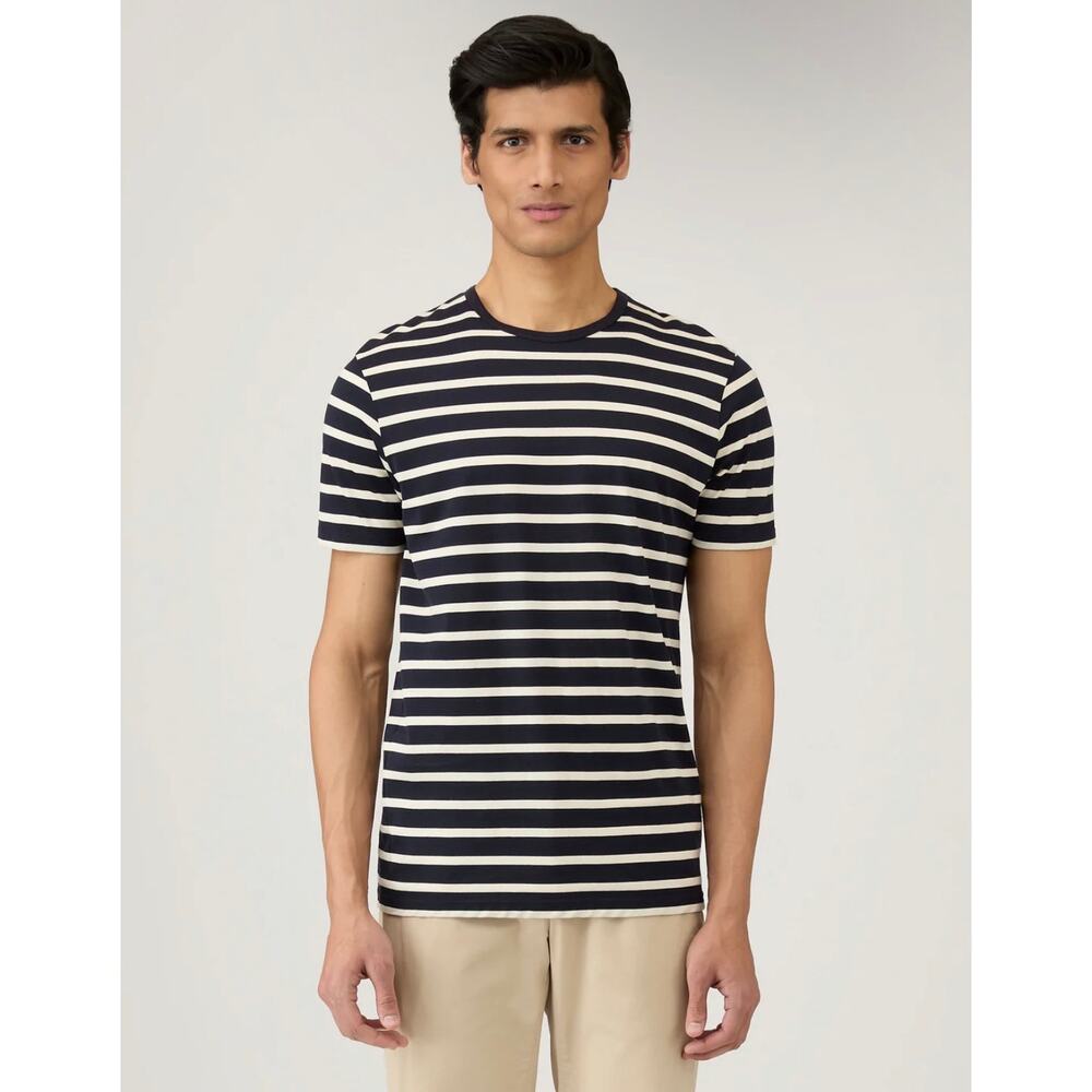 Sunspel Black Ecru Stripe Crewneck Cotton Classic T Shirt XL
